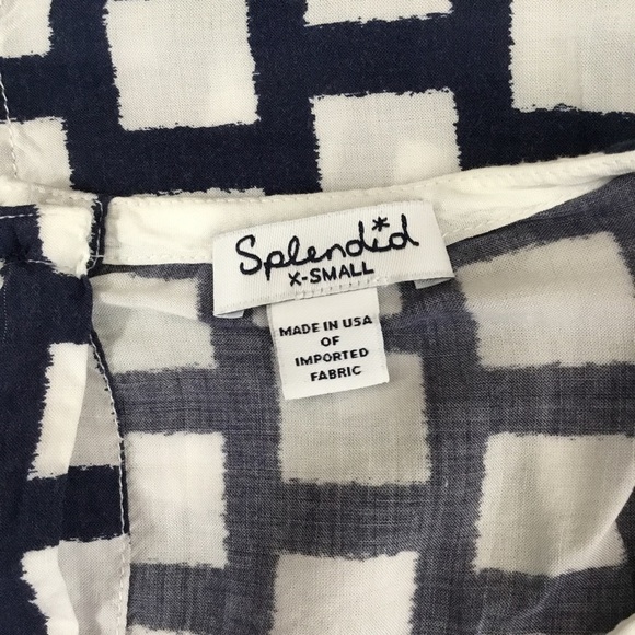 SPLENDID - Navy Blue & White Window Pane Cap Sleeve Buttoned Back Top - Size XS - Picture 4 of 7
